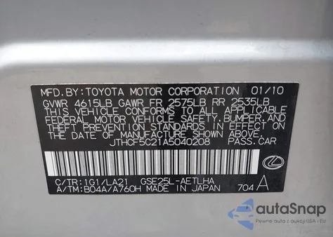 2010 Lexus Is 250 from USA, damaged, VIN JTHCF5C21A5040208